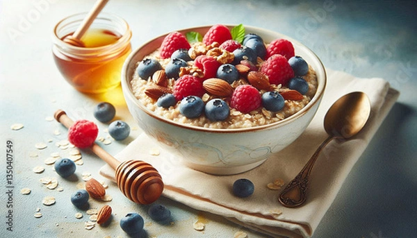 Fototapeta A bowl of oatmeal topped with berries, nuts, and honey, representing a nutritious and wholesome breakfast