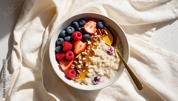 Fototapeta A bowl of oatmeal topped with berries, nuts, and honey, representing a nutritious and wholesome breakfast