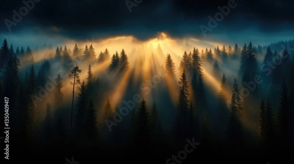 Obraz Sunrise through misty forest canopy