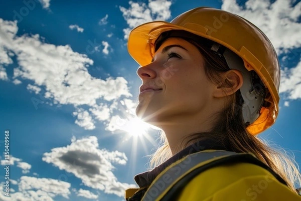 Obraz Construction worker in yellow hard hat at building site under blue sky and sun rays