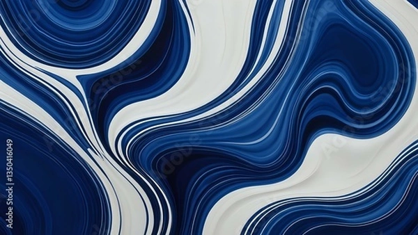 Fototapeta Fluid color transitions in deep blue and porcelain white, featuring rich ceramic textures with a soft reflective sheen, forming a bold, timeless, and artistic abstract background.