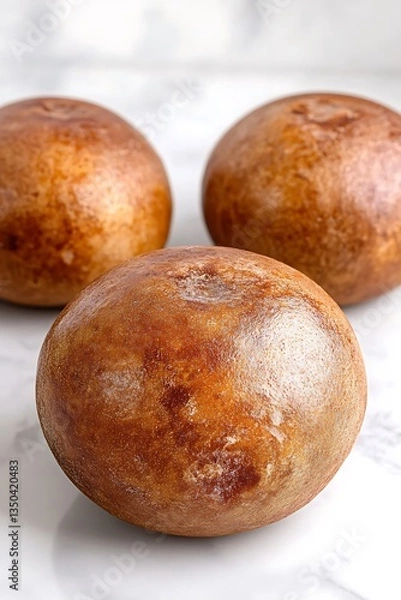 Fototapeta Three deliciously golden baked buns on a pristine marble surface