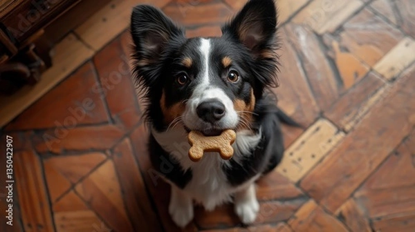 Fototapeta Puppy with a bone on a wooden floor.