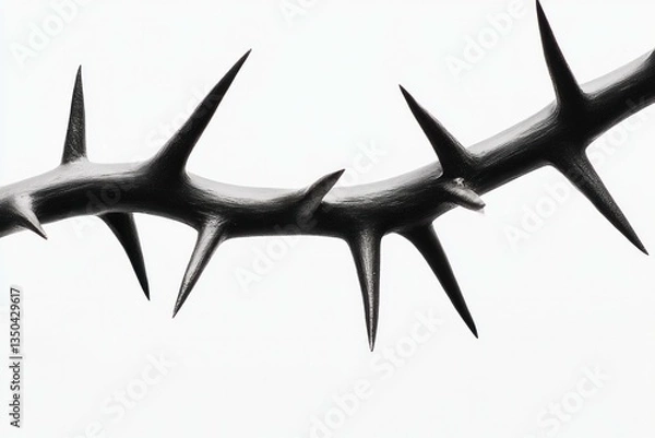 Fototapeta Black and white close up of a thorny branch, symbolizing pain, struggle, and resilience in nature, showcasing sharp thorns against a soft background