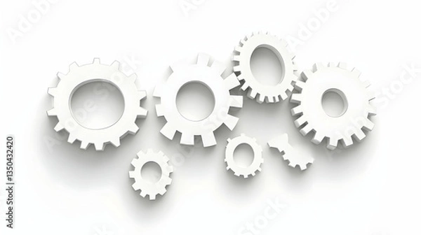 Obraz White gears interlock on white background; teamwork, collaboration, mechanism concept; website banner