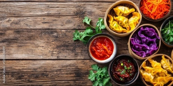 Fototapeta Colorful Dumplings and Ingredients on Wooden Table with Sauces