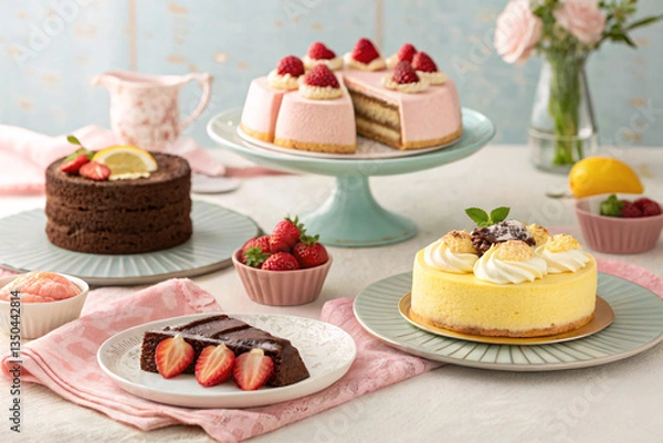 Fototapeta Delicious Assortment of Cakes with Fresh Fruits – Sweet Dessert Spread