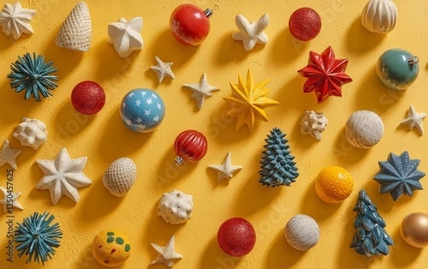 Obraz Festive holiday background with a variety of colorful ornaments scattered on a bright yellow surface