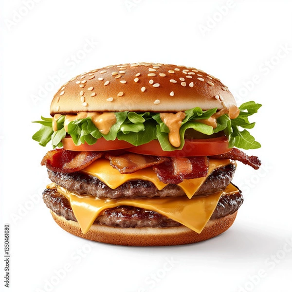 Fototapeta Double Cheeseburger on Wooden Board with Sauce