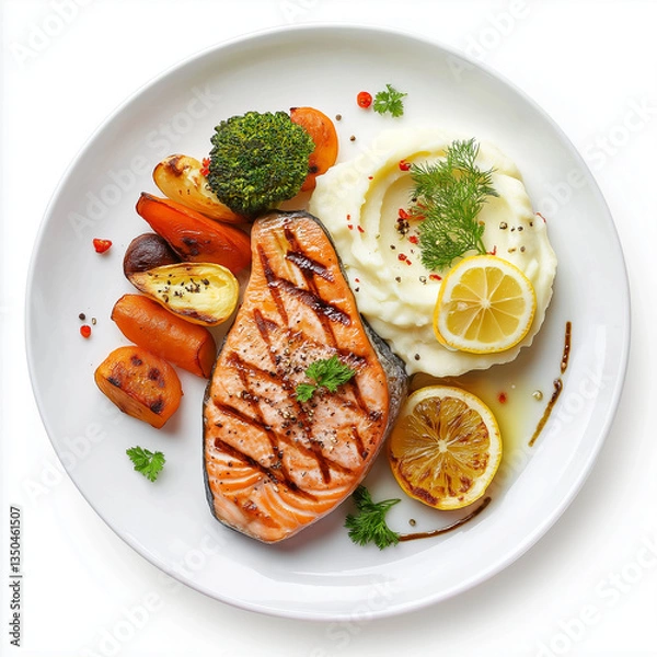 Fototapeta Grilled Salmon Fillet with Lemon and Vegetables
