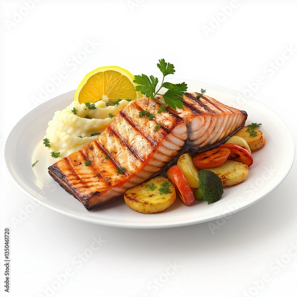 Fototapeta Pan-Seared Salmon with Roasted Vegetables