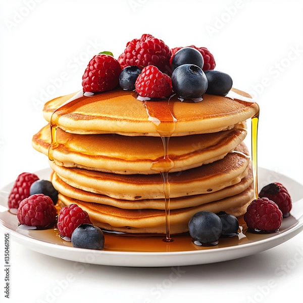 Fototapeta Stack of Fluffy Pancakes with Berries and Maple Syrup