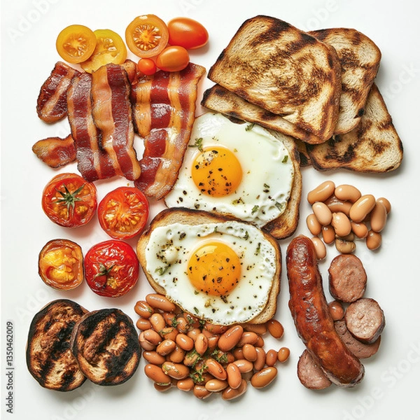 Fototapeta Traditional Full English Breakfast with Bacon, Eggs & Sausages