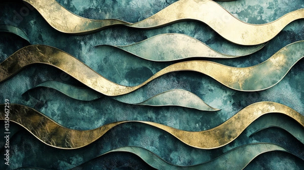 Fototapeta Abstract design featuring wavy gold and teal patterns on a textured wall, creating a modern aesthetic
