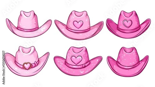 Fototapeta Collection of Pink Cowgirl Hats with Heart Designs - Vector Outline Illustration