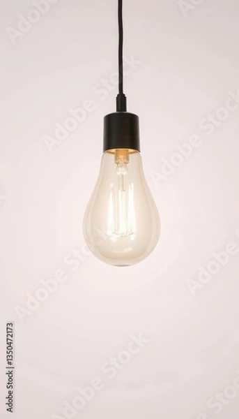 Fototapeta A single, illuminated light bulb against a pure white backdrop, energy, glow, idea