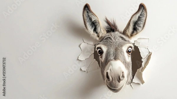 Fototapeta curious donkey peers through torn paper hole with playful expression