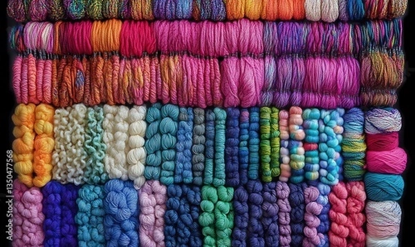 Fototapeta Colorful Yarn Collection Displayed in Neat Rows for Knitting Projects
