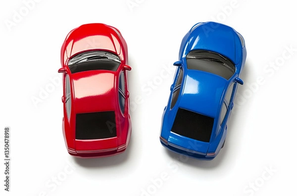 Obraz Red And Blue Toy Cars Overhead View On White Backgrounds and Details. An Overhead Shot.  Playful Cars. Mini Vehicles. Colorful Toys. Transportation. Children's Toys.  Miniature