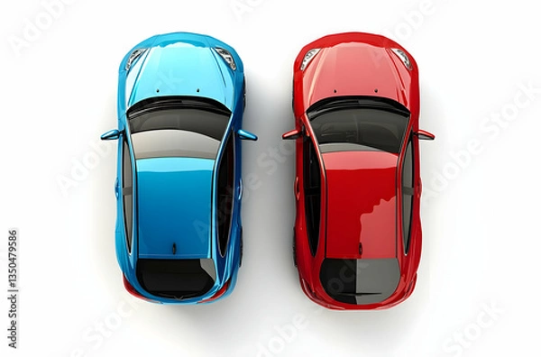 Obraz Top View of Two Stylish Sports Cars in Vibrant Blue and Red Colors on White Backgrounds