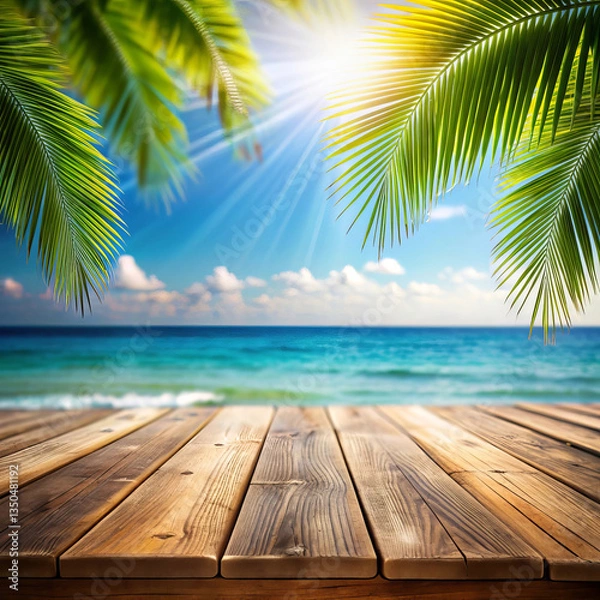 Obraz Top of wood table with seascape and palm leaves, bokeh light of calm sea and sky at beach (5)