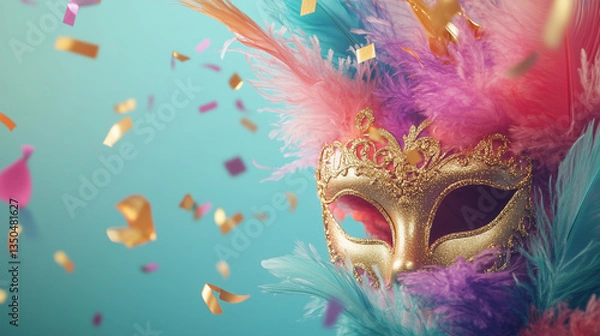 Fototapeta Elegant Carnival Masks Adorned with Colorful Feathers Against a Gradient Background of Teal, Lavender, and Gold, with Confetti Floating Gently, Offering Copy Space for Text, Cheerful and Festive