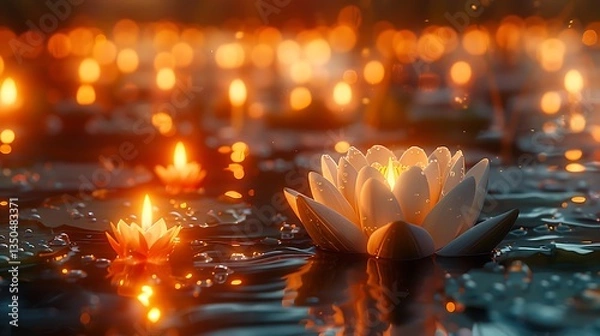 Fototapeta Serene night scene with glowing lotus flowers floating on water, illuminated by candles in the background