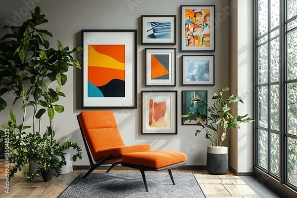 Fototapeta Artistic gallery wall mockup showcasing bold framed prints in a creative layout