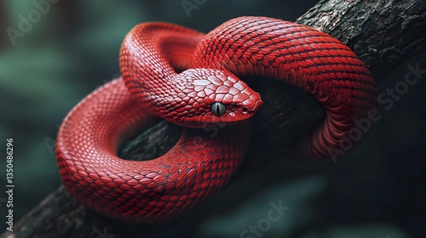 Fototapeta vibrant red snake coiled around tree branch in forest setting