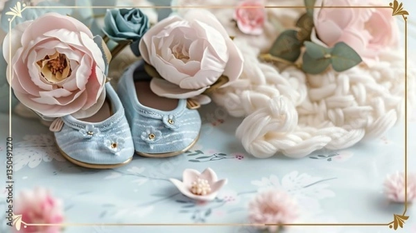 Fototapeta Delightful pregnancy announcement wish card featuring tiny baby shoe soft blanket ultrasound photo pastel florals framing design central blank section golden border available adding parent name baby