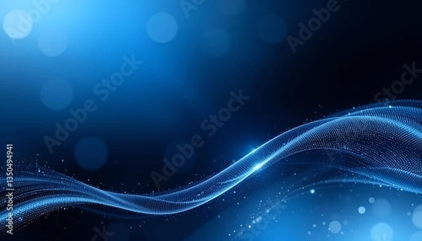 Fototapeta Abstract blue background with glowing particles forming a wavy pattern and bokeh effect in the background