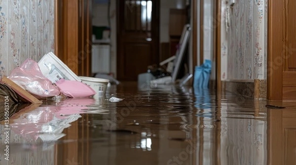 Fototapeta Flooded hallway inside a residential home showing water damage and flooding aftermath  Puddle of water on the floor and wet damp conditions in the indoor environment