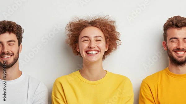 Fototapeta Happy and Sad, A woman joyfully laughing while a man frowns, capturing contrasting emotions in a high-quality stock image.