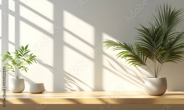 Fototapeta Sunlight streams through window onto plants on wooden shelf