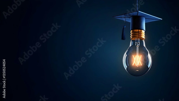 Fototapeta Illuminated Graduation Cap Lightbulb With Glowing Lightbulb Ideas and Concepts. Achievement and Learning. Symbol for Academic Success. Illustration of Graduation Cap with