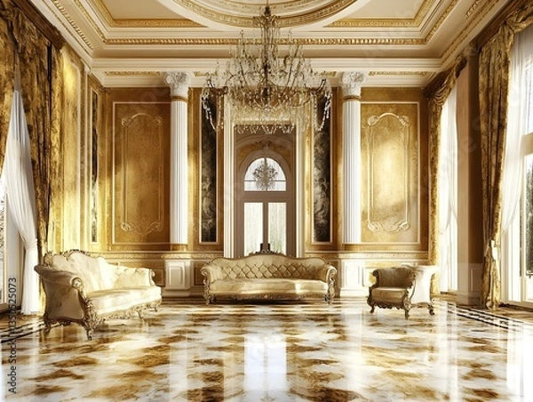 Obraz Grand Interior: A stunning interior space boasts elegance, featuring ornate furniture, classical columns, and shimmering golden accents, offering a sense of luxury and timeless sophistication.