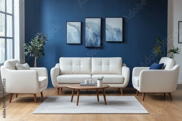 Obraz A living room with blue walls, a white sofa and a beige armchair, a grey fabric couch in front of the wall, a small round coffee table between two sofas, beautiful natural sunlight