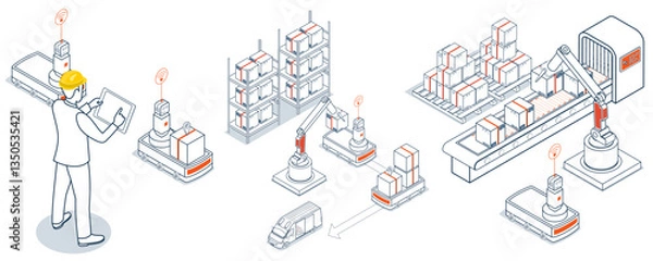 Obraz Isometric illustration of a warehouse automation system. A variety of automated guided vehicles AGVs and robotic arms.