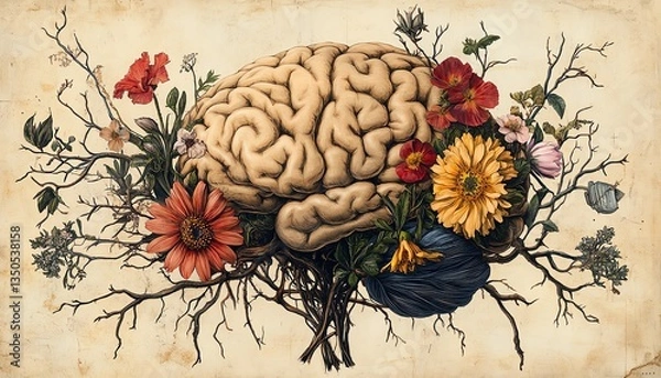 Fototapeta An artistic illustration of a human brain intertwined with delicate branches and vibrant flowers