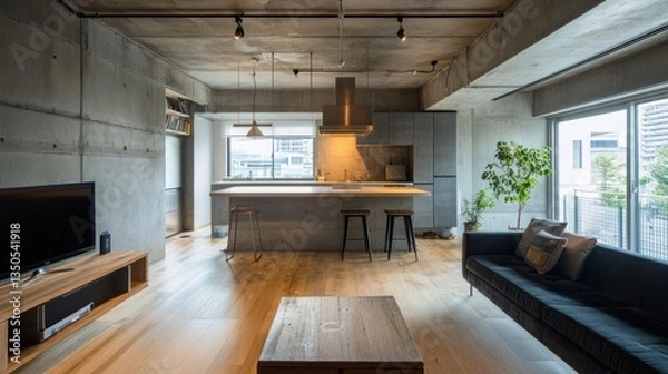 Fototapeta Modern apartment design with exposed concrete walls and natural light