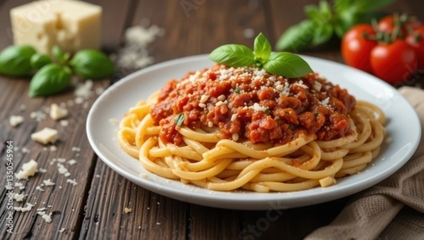 Fototapeta Spaghetti Pasta with Bolognese Sauce Garnished with Fresh Basil on a Wooden Table