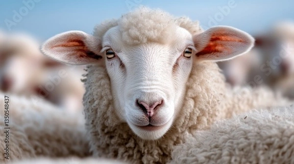 Fototapeta Close-up of a sheep, facing forward, with a soft, fluffy coat
