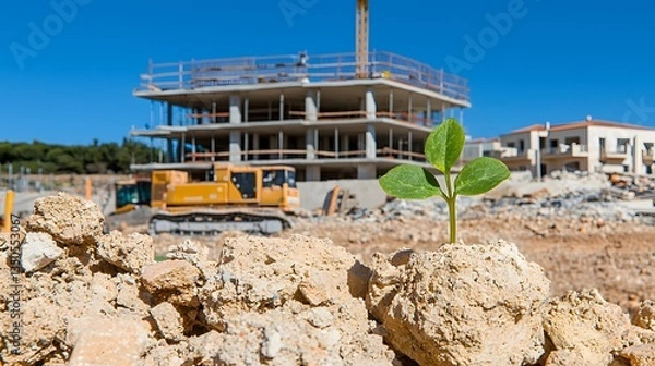 Fototapeta New Plant Growing in the Soil at a Construction Site with Cranes and Machinery Under Clear Blue Sky