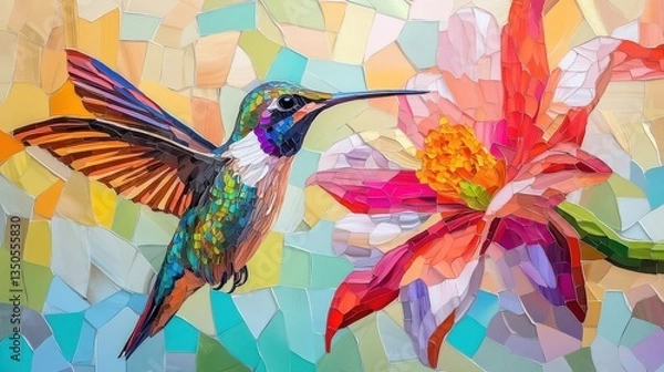 Fototapeta A Colorful Hummingbird Approaches a Bright Red Flower To Eat