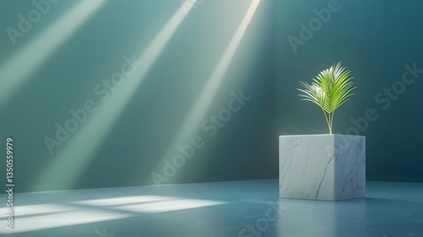 Obraz Minimalist Interior Space with a Single Green Plant in a Concrete Pot Illuminated by Natural Light