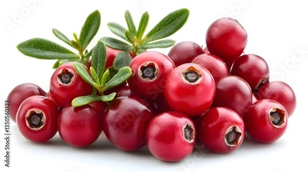 Fototapeta Fresh, Vibrant Red Berries Piled Together with Green Leaves on White Background