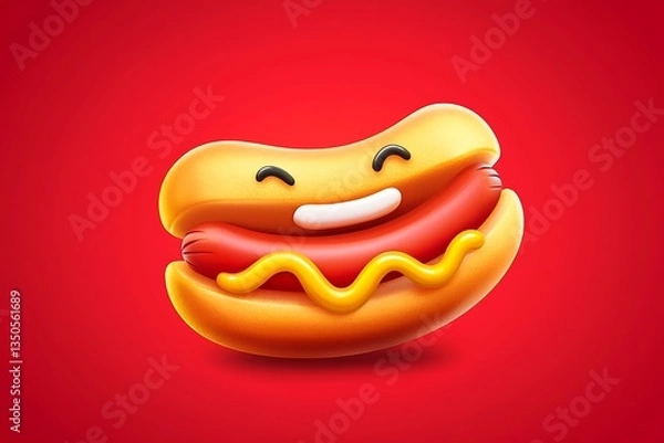 Fototapeta Hot dog emoji with mustard forming a goofy face on a vibrant red background