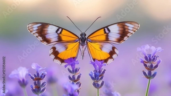 Fototapeta Close-Up of a Colorful Orange Butterfly Perched on Purple Lavender Flowers in a Garden