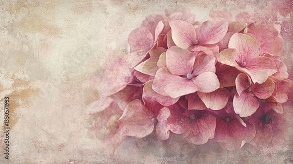 Fototapeta A serene arrangement of soft pink hydrangea flowers on a textured background, evoking tranquility