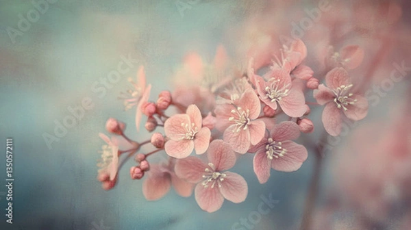 Fototapeta Delicate pink cherry blossoms in soft focus against a dreamy blue background, evoking tranquility